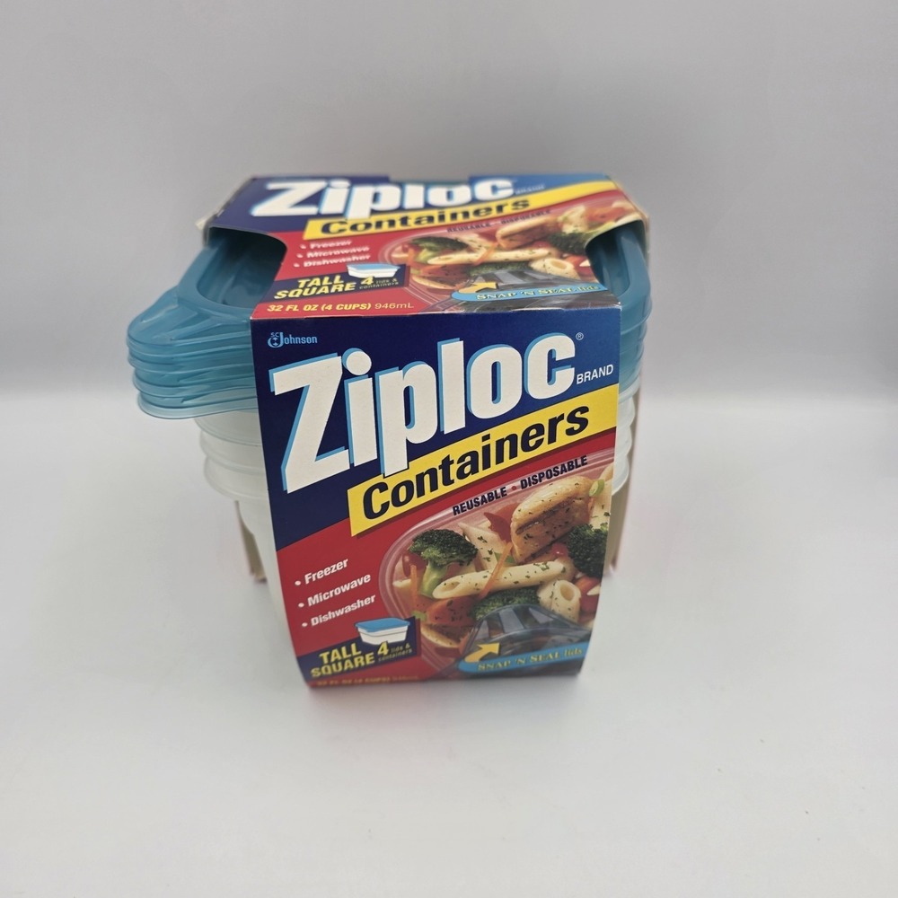 New Vtg Ziploc Tall Square Containers Blue 4 Ct. 4 Cups OR  32 oz. Snap N' Seal